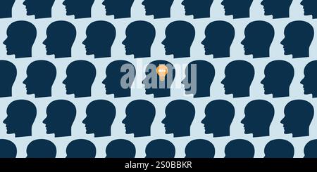 New Possibilities, Ideas - Vector Illustration of Idea Concept - Seamless Background with Lots of Blue Human Heads Pattern - Someone with a New Idea S Stock Vector