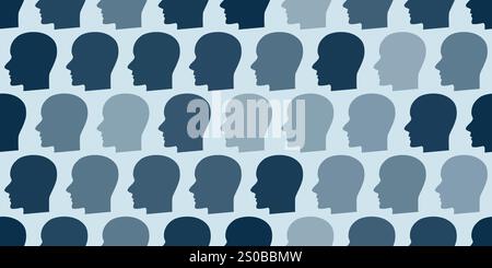 Lots of Human Heads Pattern Colored in Various Shades of Blue - Crowd of People - Creative Vector Design Stock Vector