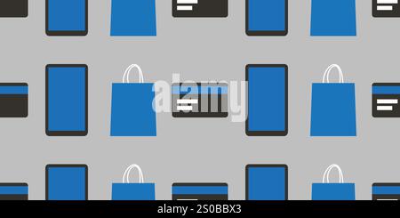 Mobile Payment, Online Shopping and E-Commerce Design Concept -  Background, Smart Phones, Credit Cards and Shopping Bags Pattern for Web Designs, Lan Stock Vector