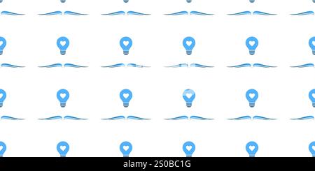 Seamless Rows of Simple Open Blue Books with Light Bulbs Above - Modern Style Texture on White Background - Vector Design Template - Symbols of Knowle Stock Vector