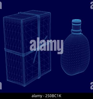 Box and a bottle of perfume are shown in a blue background. The bottle is placed on top of the box Stock Vector