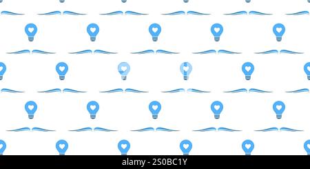 Seamless Rows of Simple Open Blue Books with Light Bulbs Above - Modern Style Texture on White Background - Vector Design Template - Symbols of Knowle Stock Vector