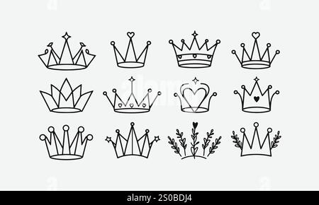 Crowns vector set in doodle style illustrations Line sketch of classic tiara for head of princess and prince, easily editable. Stock Vector