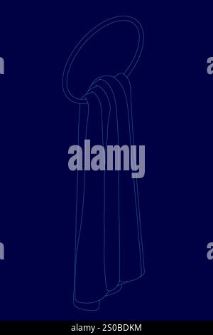 Blue towel is hanging on a blue background. The towel is long and narrow, and it is a towel rack Stock Vector