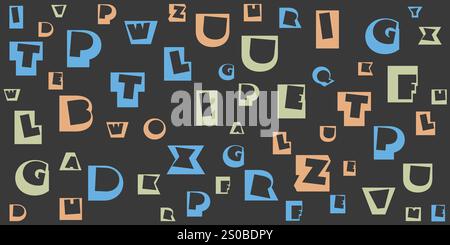 Various Dark Colorful Randomly Placed and Sized Retro Art Deco Style Letters Pattern - Texture, Wide Scale Background, Design Element for Web, Book Co Stock Vector
