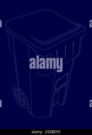 Blue trash can with a lid on top. The lid is open and the trash can is empty Stock Vector