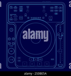 Blue drawing of a turntable with buttons and knobs. The turntable is a DJ turntable with a blue background Stock Vector