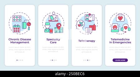Applications of telehealth onboarding mobile app screen. Walkthrough 4 steps editable graphic instructions with linear concepts. UI, UX, GUI template. Stock Vector