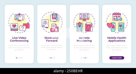 Types of telehealth services onboarding mobile app screen. Walkthrough 4 steps editable graphic instructions with linear concepts. UI, UX, GUI templat Stock Vector