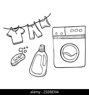Laundry service hand drawn doodle icons set, vector illustration. Washing, drying and ironing symbols, washing machine, laundry basket, clothes drying Stock Vector