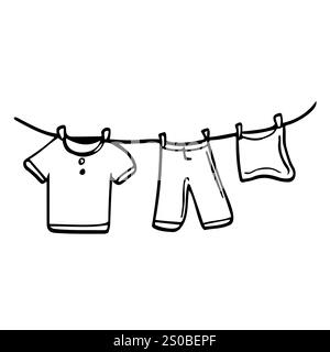 Doodle Laundry on a rope icons. Vector laundry clothes sketch. Isolated Stock Vector