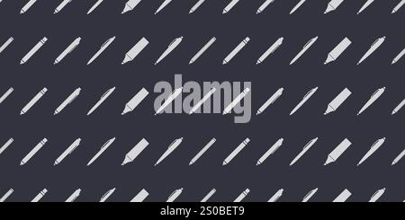 Many Various Grey Writing or Drawing Tools, Set of Pens and Pencils - Texture on Black Background - Vector Background Design Stock Vector