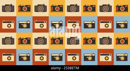 Set of Many Various Retro Style Cameras Pattern on Red, Brown and Blue Mosaic Background for Wallpaper, Wrapper, Placard, Poster, Cover Designs - Illu Stock Vector