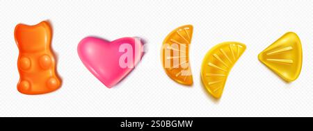 Gummy candy collection with orange bear, pink heart and yellow citrus shapes. Realistic 3d glossy texture and shiny surface with soft shadows. Translucent sweet jelly or marmalade confectionery set. Stock Vector