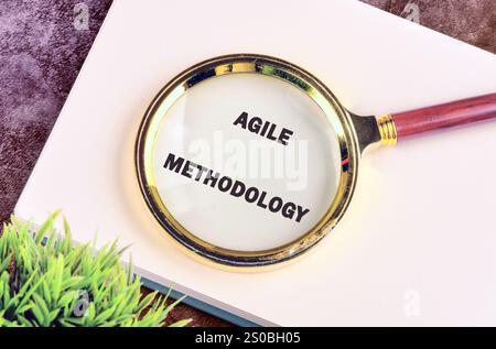 Fast changes concept. AGILE METHODOLOGY in a notebook on a purple background through a magnifying glass, top view. Stock Photo