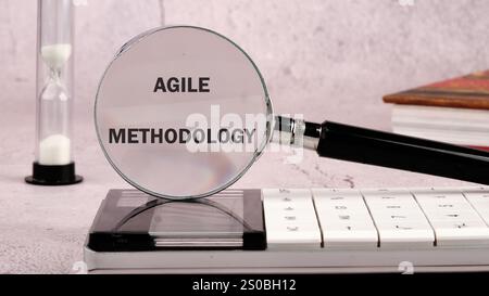 Fast changes concept. AGILE METHODOLOGY on the glass of the magnifying glass standing on the calculator. Stock Photo