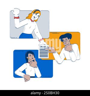 Virtual team collaborating online interaction doodle illustration concept Stock Vector