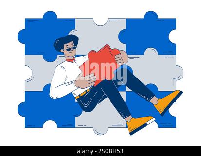 Employee playing individual role completing puzzle doodle illustration concept Stock Vector