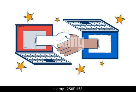 Virtual handshake connecting two laptops doodle illustration concept Stock Vector