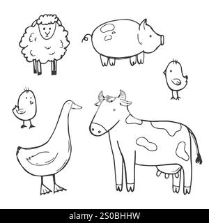 farm animals doodle illustrations set Stock Vector