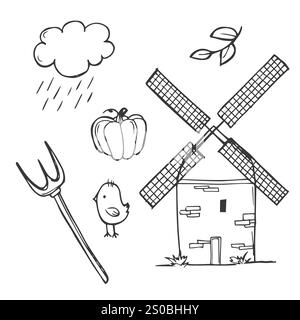 Farm vector doodle collection isolated on white background. Various types - dairy, poultry, meat, fruits, vegetables, plantation, agricultural buildin Stock Vector