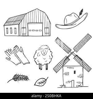 Farm vector doodle collection isolated on white background. Various types - dairy, poultry, meat, fruits, vegetables, plantation, agricultural buildin Stock Vector