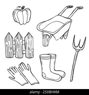 Farm vector doodle collection isolated on white background. Various types - dairy, poultry, meat, fruits, vegetables, plantation, agricultural buildin Stock Vector