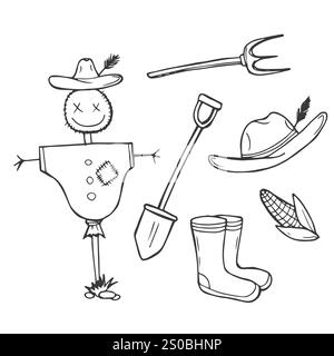 Farm vector doodle collection isolated on white background. Various types - dairy, poultry, meat, fruits, vegetables, plantation, agricultural buildin Stock Vector