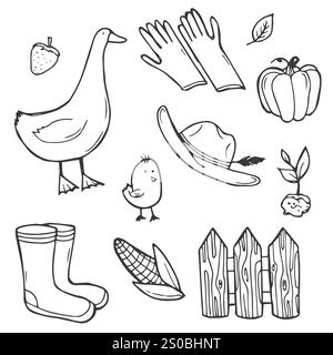 Farm vector doodle collection isolated on white background. Various types - dairy, poultry, meat, fruits, vegetables, plantation, agricultural buildin Stock Vector