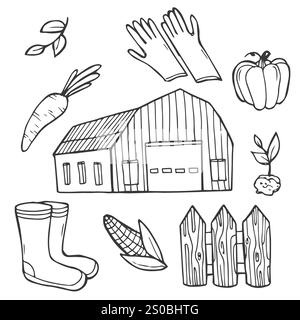 Farm vector doodle collection isolated on white background. Various types - dairy, poultry, meat, fruits, vegetables, plantation, agricultural buildin Stock Vector