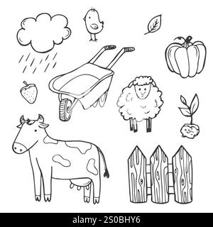 Farm vector doodle collection isolated on white background. Various types - dairy, poultry, meat, fruits, vegetables, plantation, agricultural buildin Stock Vector