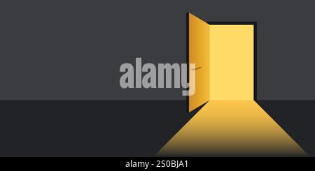 Open door with light icon in flat style. Dark room vector illustration on isolated background. Doorway entrance sign business concept. Stock Vector