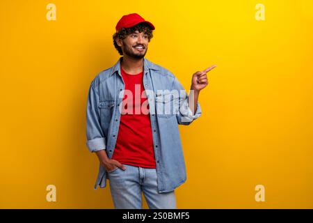 Smiling young man pointing aside wearing a red cap and shirt with a yellow background. Stock Photo