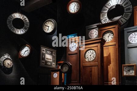 A collection of various clocks displayed on a dark wall, featuring different styles and sizes, including wall clocks and grandfather clocks, creating Stock Photo