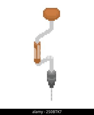 Brace Hand drill pixel art. 8 bit Old Hand Tool Stock Vector