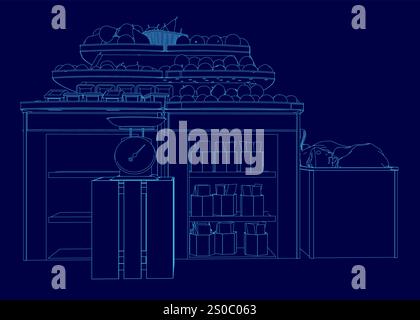 Blue drawing of a store with a scale and a sign that says "weight". The drawing is of a store with a lot of fruit and vegetables on display Stock Vector
