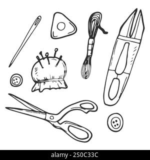 Sewing set. Free hand drawing, sketch style Stock Vector