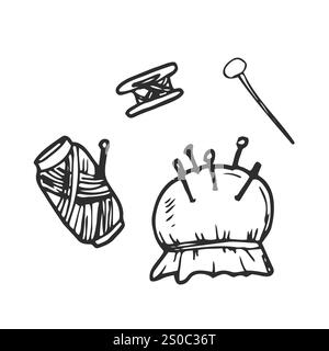 Vector graphic set of hand drawn sewing tools. Sewing kit illustration. Stock Vector