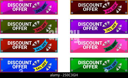 Set of Eight sale rectangular banners with 24 34 44 54 64 74 84 and 94 percent off with different colors Stock Vector