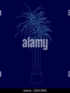 Tall plant with blue leaves is displayed in a blue background. The plant is situated in a blue pot, which adds to the overall theme of the image. The Stock Vector