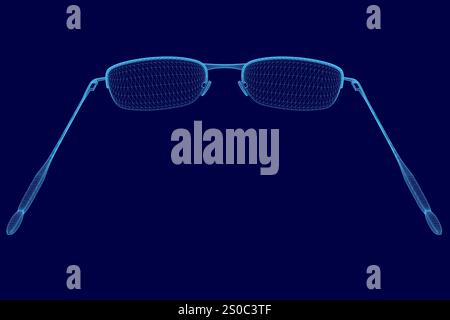blue sunglasses with a blue background. The sunglasses are shown in a 3D format, giving the impression of a close up of the glasses Stock Vector