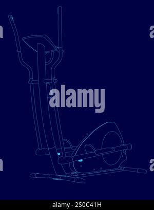 Blue drawing of a stationary bike. The bike is a cross trainer, which means it has two pedals and a handlebar. The bike is designed to be used for bot Stock Vector