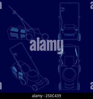 Close up of a lawn mower with a handle and a lawn mower blade. The lawn mower is shown in different angles and positions Stock Vector