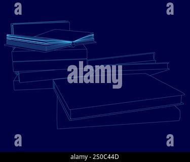 Stack of books is shown in a blue background. The books are stacked on top of each other, with the top book being the largest. Concept of organization Stock Vector