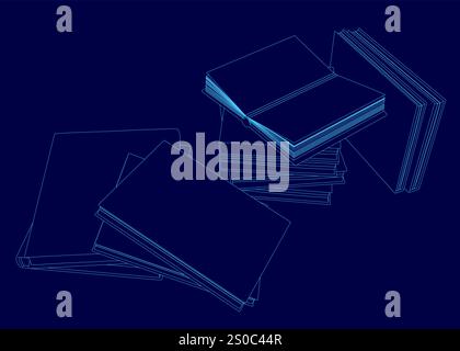 Stack of books with the top one open. The books are blue. The stack is piled on top of each other Stock Vector