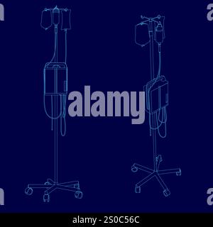 Two medical devices are shown in blue. The first device is a syringe, and the second device is a blood pressure monitor. The syringe is attached to a Stock Vector