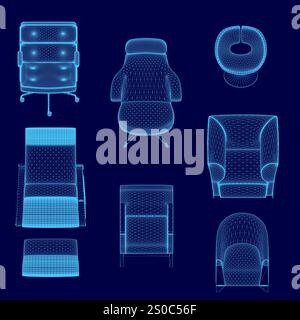 Set of blue chairs with different shapes and sizes. The chairs are arranged in a grid pattern, with some overlapping each other. The chairs vary in de Stock Vector