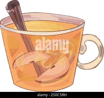 christmas and new year hot tea with orange, cinnamon, apple slice. Vector illustration on isolated background Stock Vector