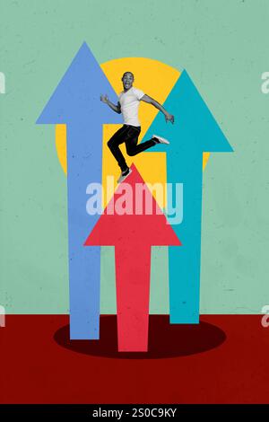 3D collage trend artwork composite sketch poster of goal success graphics analyzing charts huge arrow way up young man run excited emoji. Stock Photo