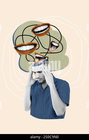 Vertical collage picture young man psychedelic concept mouth face fragments laugh scream mental issues disorder migraine headache suffer. Stock Photo